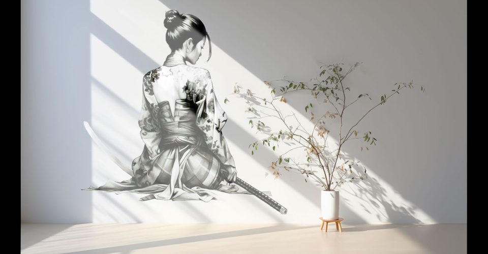 White empty scandinavian room interior with plant sideways on light wooden floor and shadow. Home nordic interior. Minimal wall mock up in sunny modern hangar hall