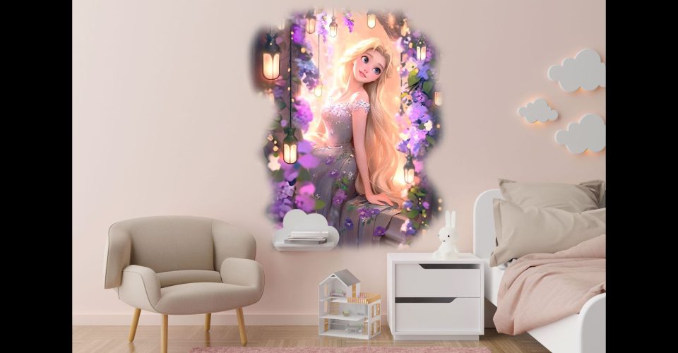 Empty wall in modern child room. Mock up interior in contemporary style. Free space, copy space for your picture, text, or another design. Bed, armchair, toys. Cozy room for kids. 3D rendering.